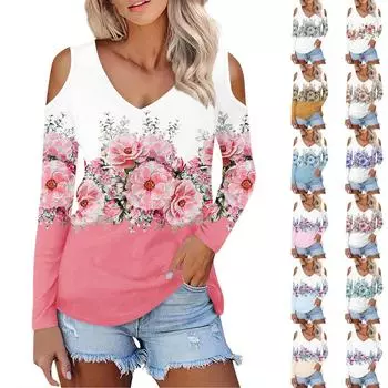 Женская рубашка, блузка, модные повседневные топы с v-образным вырезом и принтом, сексуальные топы с длинными рукавами и открытыми плечами L синий