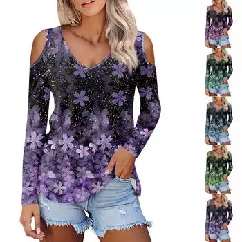 Женская рубашка, блузка, модные повседневные топы с v-образным вырезом и принтом, сексуальные топы с длинными рукавами и открытыми плечами XXXL