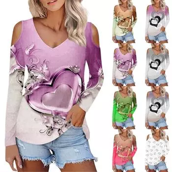 Женская рубашка, блузка, модные повседневные топы с v-образным вырезом и принтом, сексуальные топы с длинными рукавами и открытыми плечами XXXL розовый