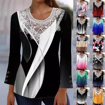 Женская рубашка-блузка O Кружевной вырез с принтом и длинным рукавом Повседневные праздничные базовые топы на пуговицах M