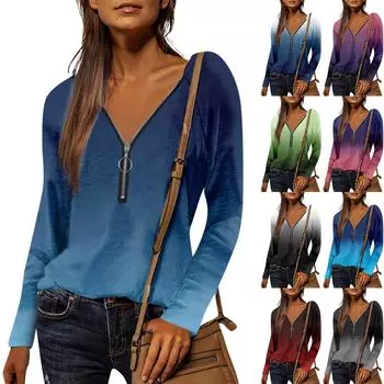 Женская рубашка Блузка Повседневные рубашки с принтом Длинный рукав V-образный вырез Футболка на молнии Пуловер Топы M
