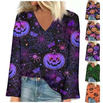 Женская рубашка Блузка Повседневные свободные рубашки Длинные рукава Хэллоуин Принт V-образный вырез Топы с принтом Футболки M имбирный