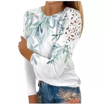 Женская рубашка Блузка Повседневные свободные рубашки Длинные рукава Кружева Ажурный принт Круглый вырез Топы с принтом Футболки Футболки L