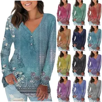 Женская рубашка Блузка Повседневные свободные рубашки Длинные рукава с принтом Топы с V-образным вырезом Топы с принтом Футболки Футболка XL