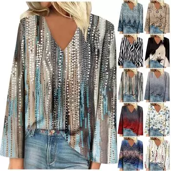 Женская рубашка Блузка Повседневные свободные рубашки Длинные рукава V-образный вырез Топы с принтом Футболки Футболка M тёмно-синий