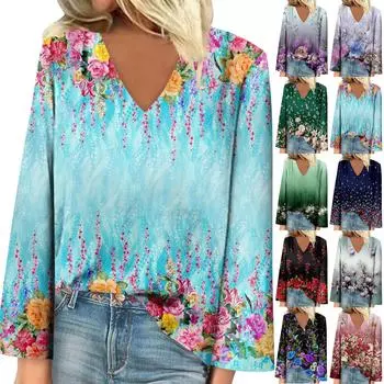 Женская рубашка Блузка Повседневные свободные рубашки Длинные рукава с принтом Топы с V-образным вырезом Топы с принтом Футболки Футболка XXXL зелёный