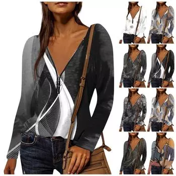 Женская рубашка, блузка, повседневные свободные рубашки, футболки с длинными рукавами и застежкой-молнией с v-образным вырезом и принтом, футболки, пуловеры, топы XXXL чёрный