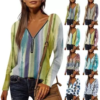 Женская рубашка, блузка, повседневные свободные рубашки, футболки с длинными рукавами и застежкой-молнией с v-образным вырезом и принтом, футболки, пуловеры, топы L синий