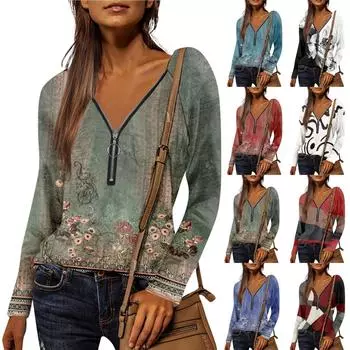 Женская рубашка, блузка, повседневные свободные рубашки, футболки с длинными рукавами и застежкой-молнией с v-образным вырезом и принтом, футболки, пуловеры, топы L винный