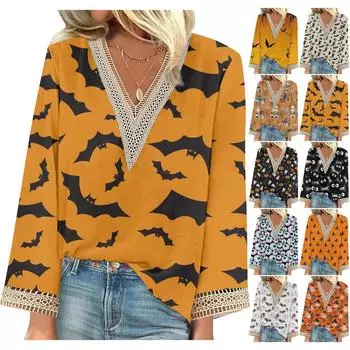 Женская рубашка, блузка, повседневные свободные рубашки, кружевная отделка с длинными рукавами, топы с v-образным вырезом и принтом на Хэллоуин, топы с принтом, футболки, футболки XXL чёрный