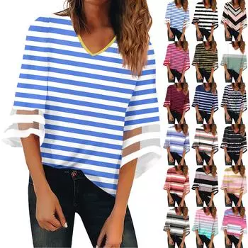 Женская рубашка, блузка, повседневные свободные рубашки, кружевные рубашки с рукавами 3/4, топы с v-образным вырезом и принтом, топы с принтом, футболки, футболки L чёрный