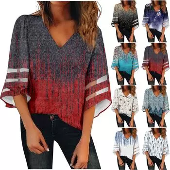 Женская рубашка, блузка, повседневные свободные рубашки, кружевные рубашки с рукавами 3/4, топы с v-образным вырезом и принтом, топы с принтом, футболки, футболки XXL синий