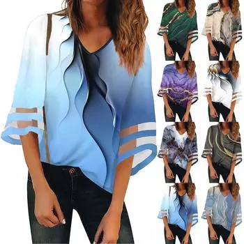 Женская рубашка, блузка, повседневные свободные рубашки, кружевные рубашки с рукавами 3/4, топы с v-образным вырезом и принтом, топы с принтом, футболки, футболки L синий