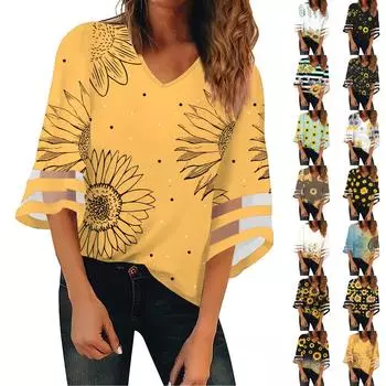 Женская рубашка, блузка, повседневные свободные рубашки, кружевные рубашки с рукавами 3/4, топы с v-образным вырезом и принтом, топы с принтом, футболки, футболки L бежевый