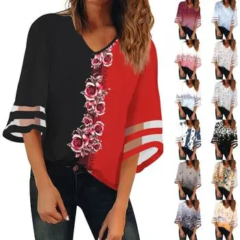 Женская рубашка, блузка, повседневные свободные рубашки, кружевные рубашки с рукавами 3/4, топы с v-образным вырезом и принтом, топы с принтом, футболки, футболки M хаки