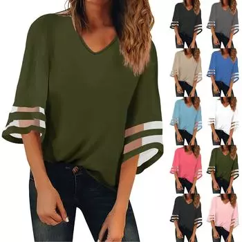 Женская рубашка, блузка, повседневные свободные рубашки, кружевные рубашки с рукавами 3/4, топы с v-образным вырезом и принтом, топы с принтом, футболки, футболки S