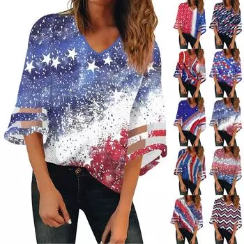 Женская рубашка, блузка, повседневные свободные рубашки, кружевные рубашки с рукавами 3/4, топы с v-образным вырезом и принтом Дня независимости, топы с принтом, футболки, футболки XXXL тёмно-синий