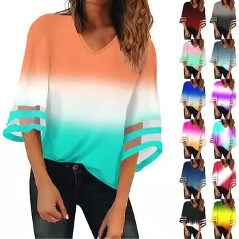 Женская рубашка, блузка, повседневные свободные рубашки, кружевные рубашки с рукавами 3/4, топы с v-образным вырезом и принтом, топы с принтом, футболки, футболки L чёрный