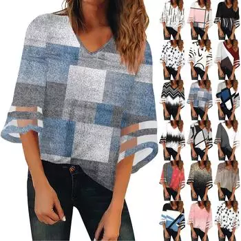 Женская рубашка, блузка, повседневные свободные рубашки, кружевные рубашки с рукавами 3/4, топы с v-образным вырезом и принтом, топы с принтом, футболки, футболки L бежевый