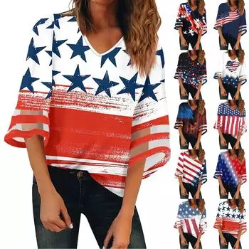 Женская рубашка, блузка, повседневные свободные рубашки, кружевные рубашки с рукавами 3/4, топы с v-образным вырезом и принтом Дня независимости, топы с принтом, футболки, футболки XXXL