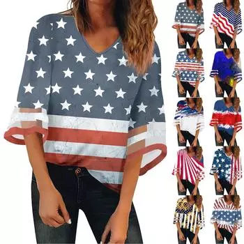 Женская рубашка, блузка, повседневные свободные рубашки, кружевные рубашки с рукавами 3/4, топы с v-образным вырезом и принтом Дня независимости, топы с принтом, футболки, футболки XXL
