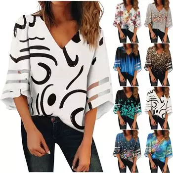 Женская рубашка, блузка, повседневные свободные рубашки, кружевные рубашки с рукавами 3/4, топы с v-образным вырезом и принтом, топы с принтом, футболки, футболки L зелёный