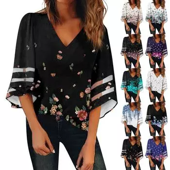Женская рубашка, блузка, повседневные свободные рубашки, кружевные рубашки с рукавами 3/4, топы с v-образным вырезом и принтом, топы с принтом, футболки, футболки L чёрный