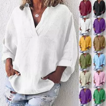 Женская рубашка, блузка, повседневные свободные рубашки, однотонные футболки с длинным рукавом и V-образным вырезом, футболки, пуловеры, топы XL бежевый