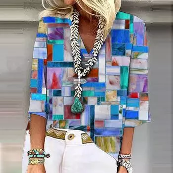 Женская рубашка, блузка, повседневные свободные рубашки, рукава 3/4, топы с v-образным вырезом и принтом, топы с принтом, футболки, футболки L синий