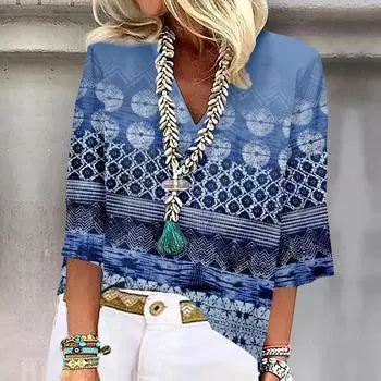 Женская рубашка, блузка, повседневные свободные рубашки, рукава 3/4, топы с v-образным вырезом и принтом, топы с принтом, футболки, футболки L синий