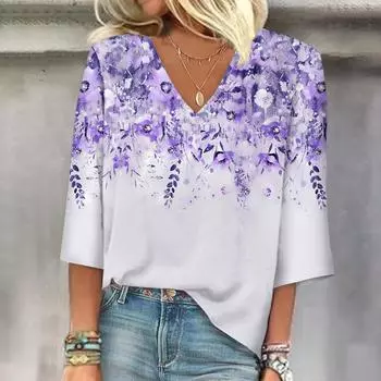 Женская рубашка, блузка, повседневные свободные рубашки, рукава 3/4, топы с v-образным вырезом и принтом, топы с принтом, футболки, футболки L