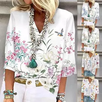 Женская рубашка, блузка, повседневные свободные рубашки, рукава 3/4, топы с v-образным вырезом и принтом, топы с принтом, футболки, футболки L синий