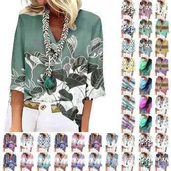 Женская рубашка, блузка, повседневные свободные рубашки, рукава 3/4, топы с v-образным вырезом и принтом, топы с принтом, футболки, футболки L белый