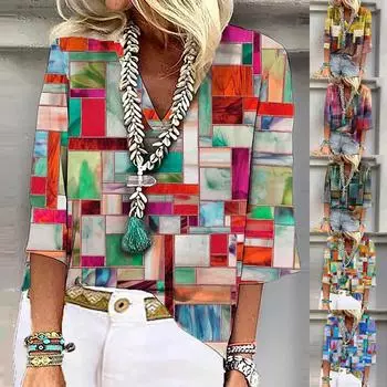 Женская рубашка, блузка, повседневные свободные рубашки, рукава 3/4, топы с v-образным вырезом и принтом, топы с принтом, футболки, футболки L синий