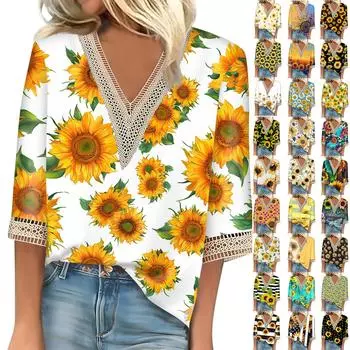 Женская рубашка, блузка, повседневные свободные рубашки, рукава 3/4, кружевные топы с v-образным вырезом и принтом, топы с принтом, футболки, футболки L чёрный