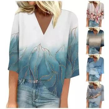 Женская рубашка, блузка, повседневные свободные рубашки, рукава 3/4, топы с v-образным вырезом и принтом, топы с принтом, футболки, футболки XXL синий