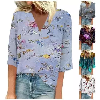 Женская рубашка, блузка, повседневные свободные рубашки, рукава 3/4, топы с v-образным вырезом и принтом, топы с принтом, футболки, футболки L синий