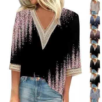 Женская рубашка, блузка, повседневные свободные рубашки, рукава 3/4, кружевные топы с v-образным вырезом и принтом, топы с принтом, футболки, футболки L синий