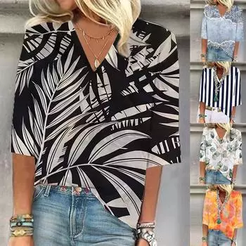 Женская рубашка, блузка, повседневные свободные рубашки, рукава 3/4, топы с v-образным вырезом и принтом, топы с принтом, футболки, футболки XXL хаки