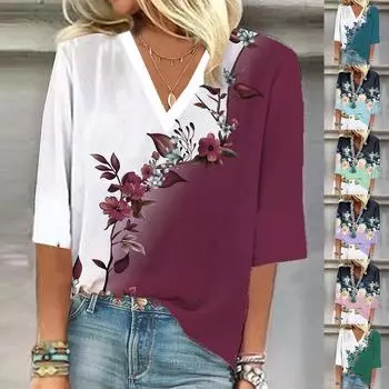 Женская рубашка, блузка, повседневные свободные рубашки, рукава 3/4, топы с v-образным вырезом и принтом, топы с принтом, футболки, футболки L синий
