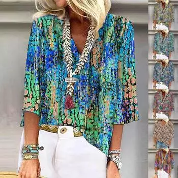 Женская рубашка, блузка, повседневные свободные рубашки, рукава 3/4, топы с v-образным вырезом и принтом, топы с принтом, футболки, футболки L синий