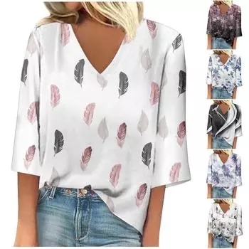 Женская рубашка, блузка, повседневные свободные рубашки, рукава 3/4, топы с v-образным вырезом и принтом, топы с принтом, футболки, футболки L чёрный