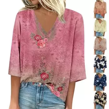 Женская рубашка, блузка, повседневные свободные рубашки, рукава 3/4, топы с v-образным вырезом и принтом, топы с принтом, футболки, футболки L чёрный