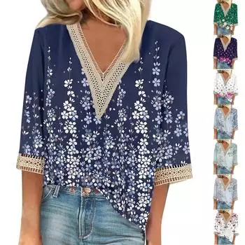 Женская рубашка, блузка, повседневные свободные рубашки, рукава 3/4, кружевные топы с v-образным вырезом и принтом, топы с принтом, футболки, футболки M