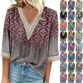 Женская рубашка, блузка, повседневные свободные рубашки, рукава 3/4, кружевные топы с v-образным вырезом и принтом, топы с принтом, футболки, футболки XXXL
