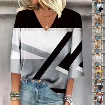 Женская рубашка, блузка, повседневные свободные рубашки, рукава 3/4, топы с v-образным вырезом и принтом, топы с принтом, футболки, футболки XXL зелёный