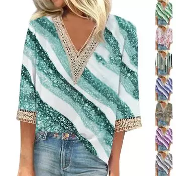 Женская рубашка, блузка, повседневные свободные рубашки, рукава 3/4, кружевные топы с v-образным вырезом и принтом, топы с принтом, футболки, футболки L бронзовый