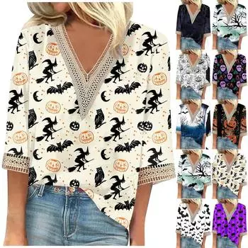 Женская рубашка, блузка, повседневные свободные рубашки, рукава 3/4, кружевная отделка, Хэллоуин, топы с v-образным вырезом и принтом, топы с принтом, футболки, футболки XXL бежевый