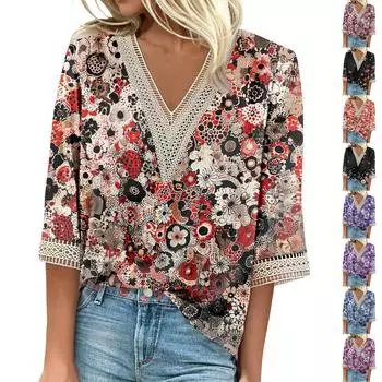 Женская рубашка, блузка, повседневные свободные рубашки, рукава 3/4, кружевные топы с v-образным вырезом и принтом, топы с принтом, футболки, футболки L розовый