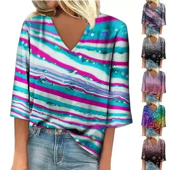 Женская рубашка, блузка, повседневные свободные рубашки, рукава 3/4, топы с v-образным вырезом и принтом, топы с принтом, футболки, футболки L